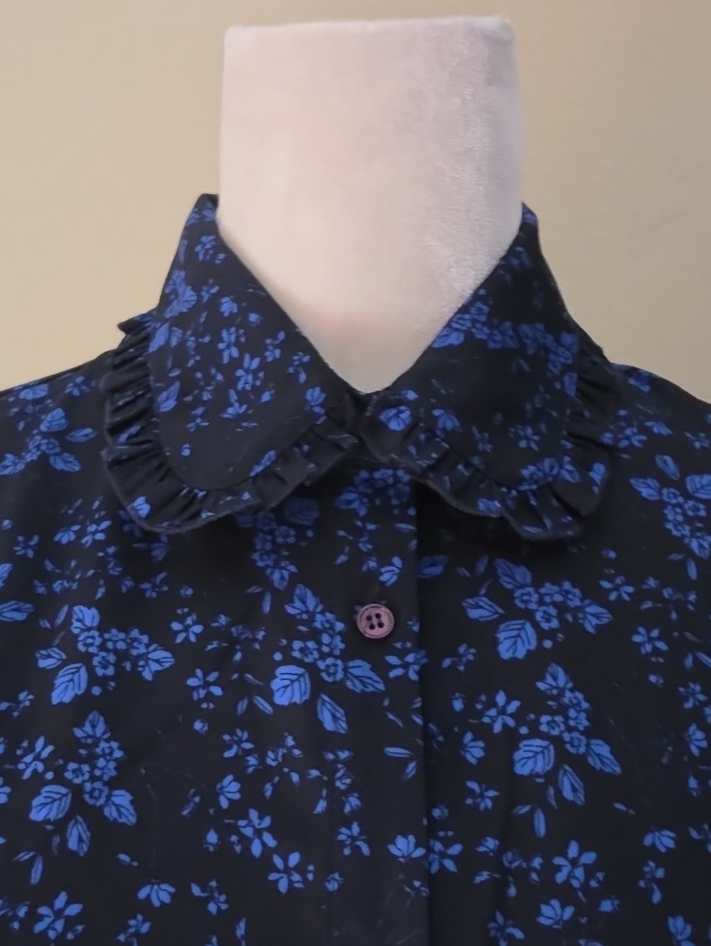 Robin K Peter Pan Collar Black Blouse with Blue Floral Print
